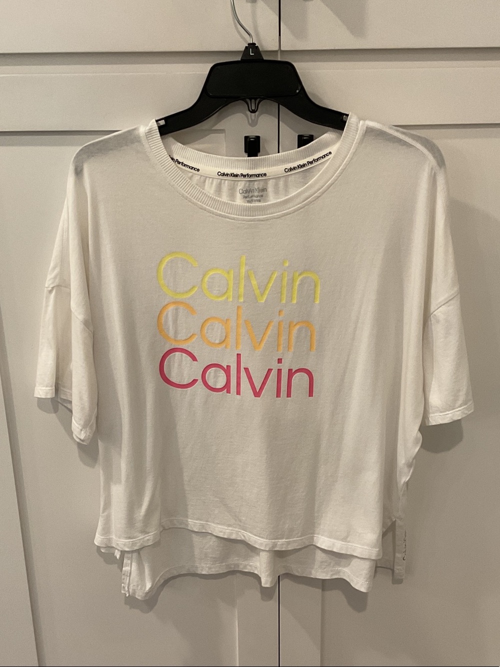 Calvin Klein White Short-Sleeve Tee with Yellow-Orange-Pink Logo